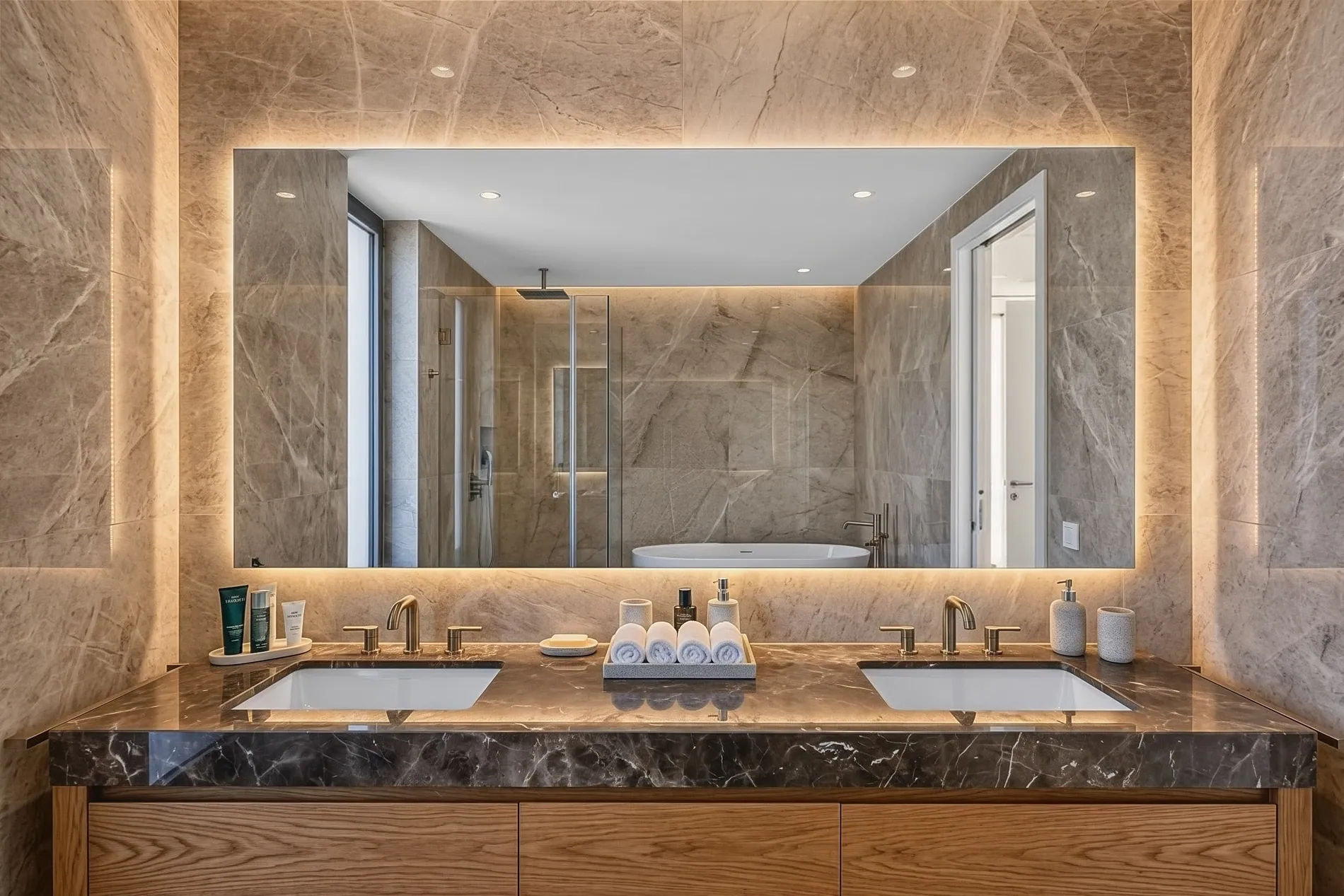Same bathroom mirror with the camera reflection removed by Stager AI