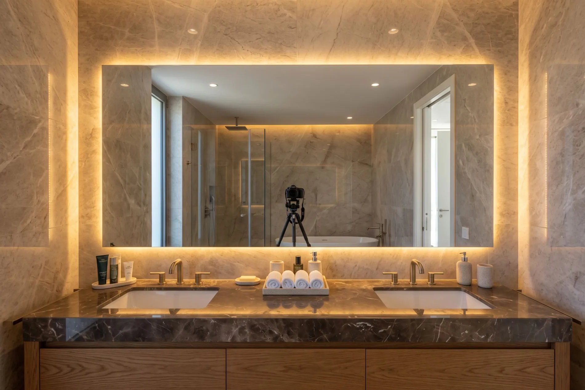 Bathroom mirror showing the camera and tripod reflection