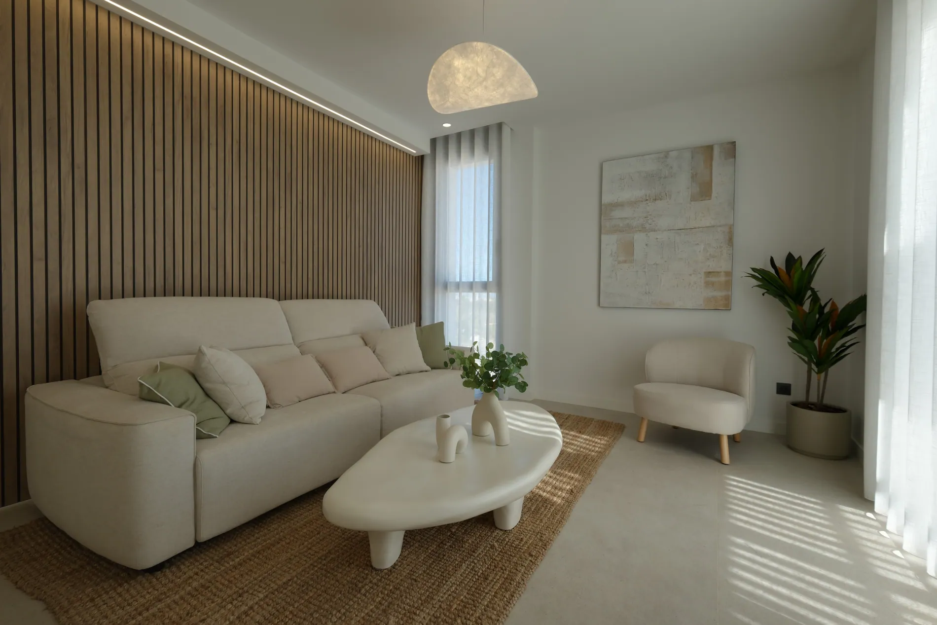 Modern living room before and after AI HDR editing by Stager AI