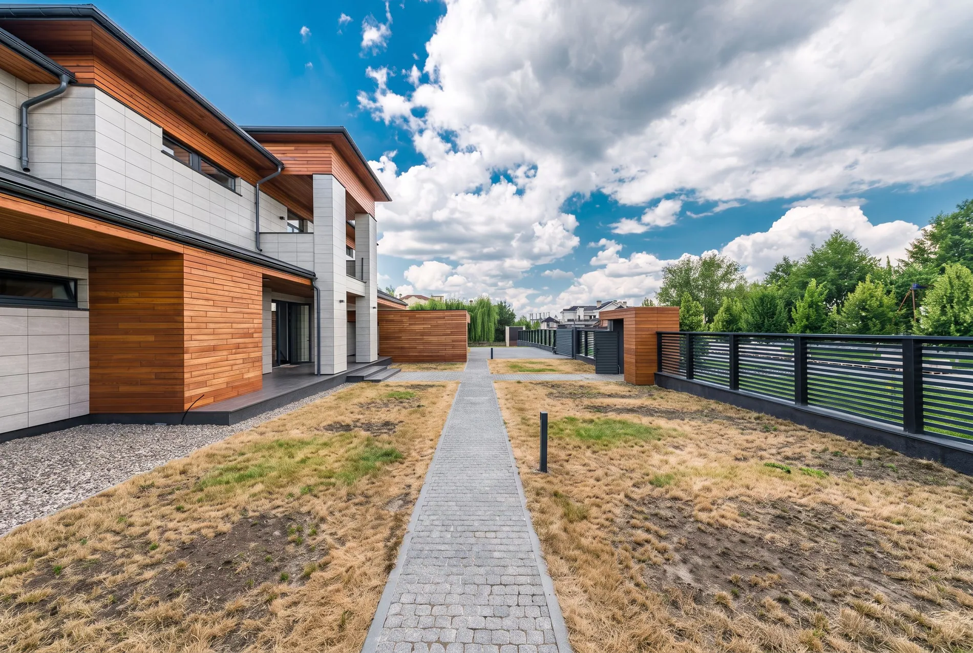 Modern house garden with dry, patchy grass before and a green lawn after AI lawn replacement by Stager AI