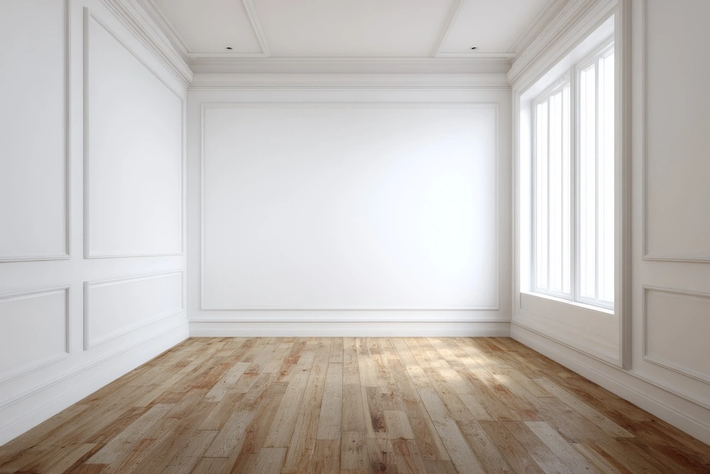 Empty bedroom with white wall panels, virtually staged in a luxury style with an upholstered bed by Stager AI