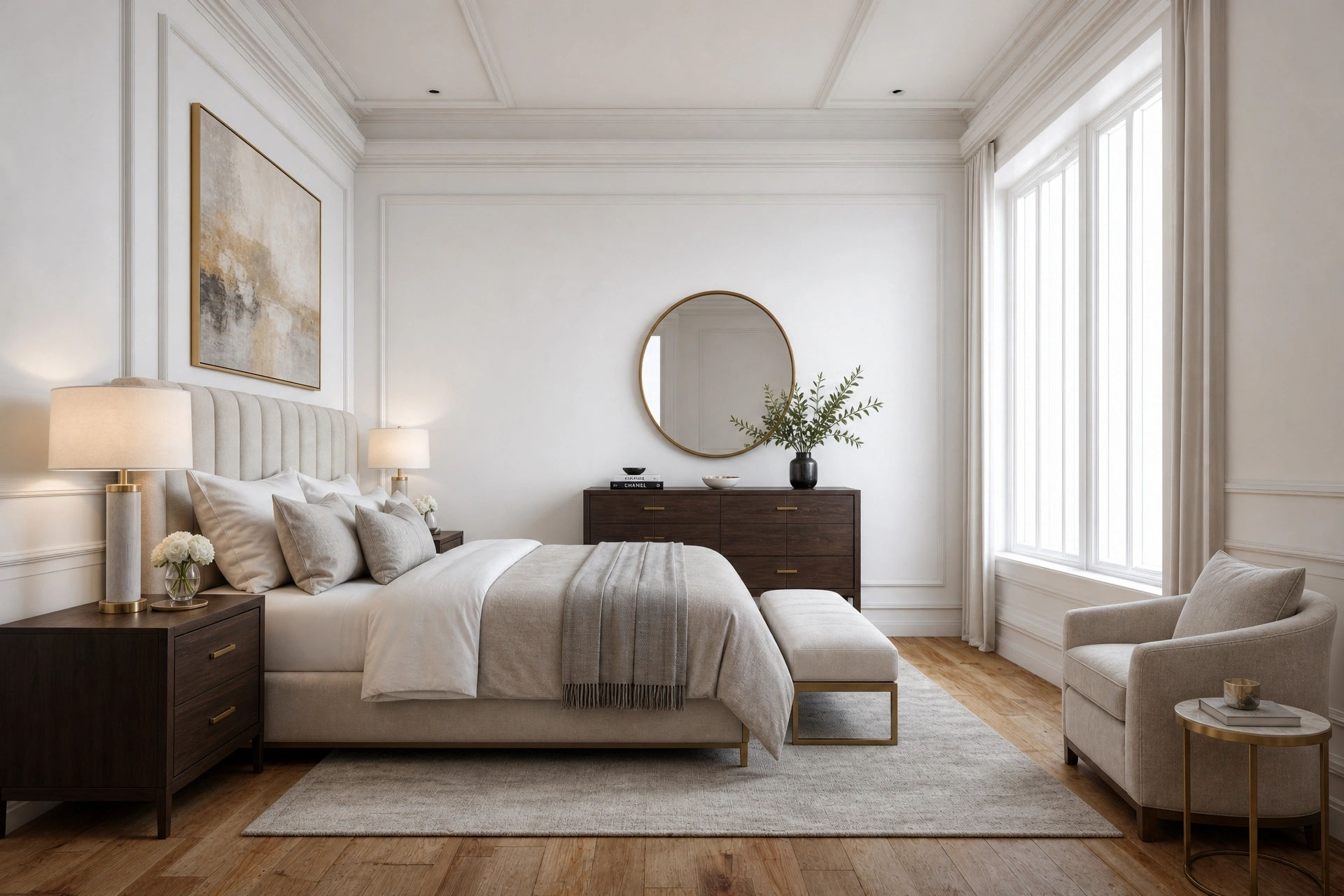 Empty bedroom with white wall panels, virtually staged in a luxury style with an upholstered bed by Stager AI