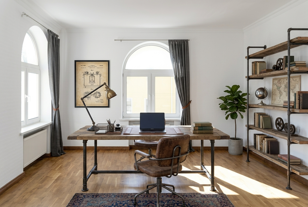 La misma habitación amueblada virtualmente como despacho de estilo industrial con Stager AI