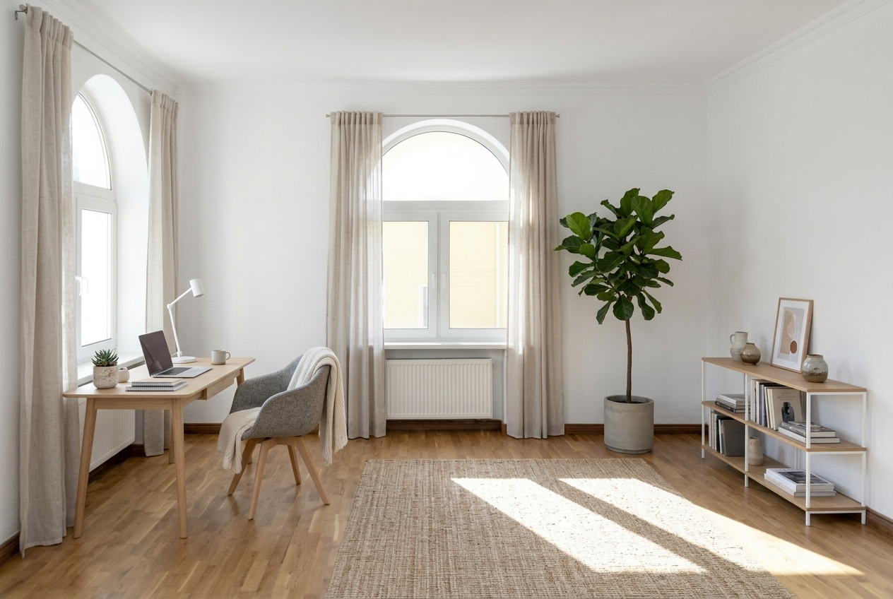 Empty room virtually staged as a Scandinavian home office with a light desk and plants by Stager AI