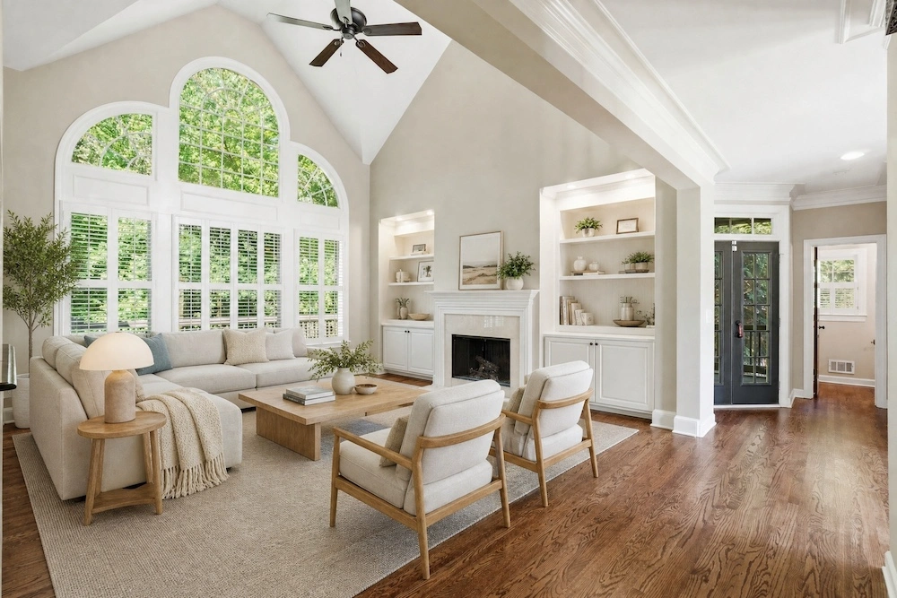 Living Room virtually staged with AI in nordic minimal interior design style