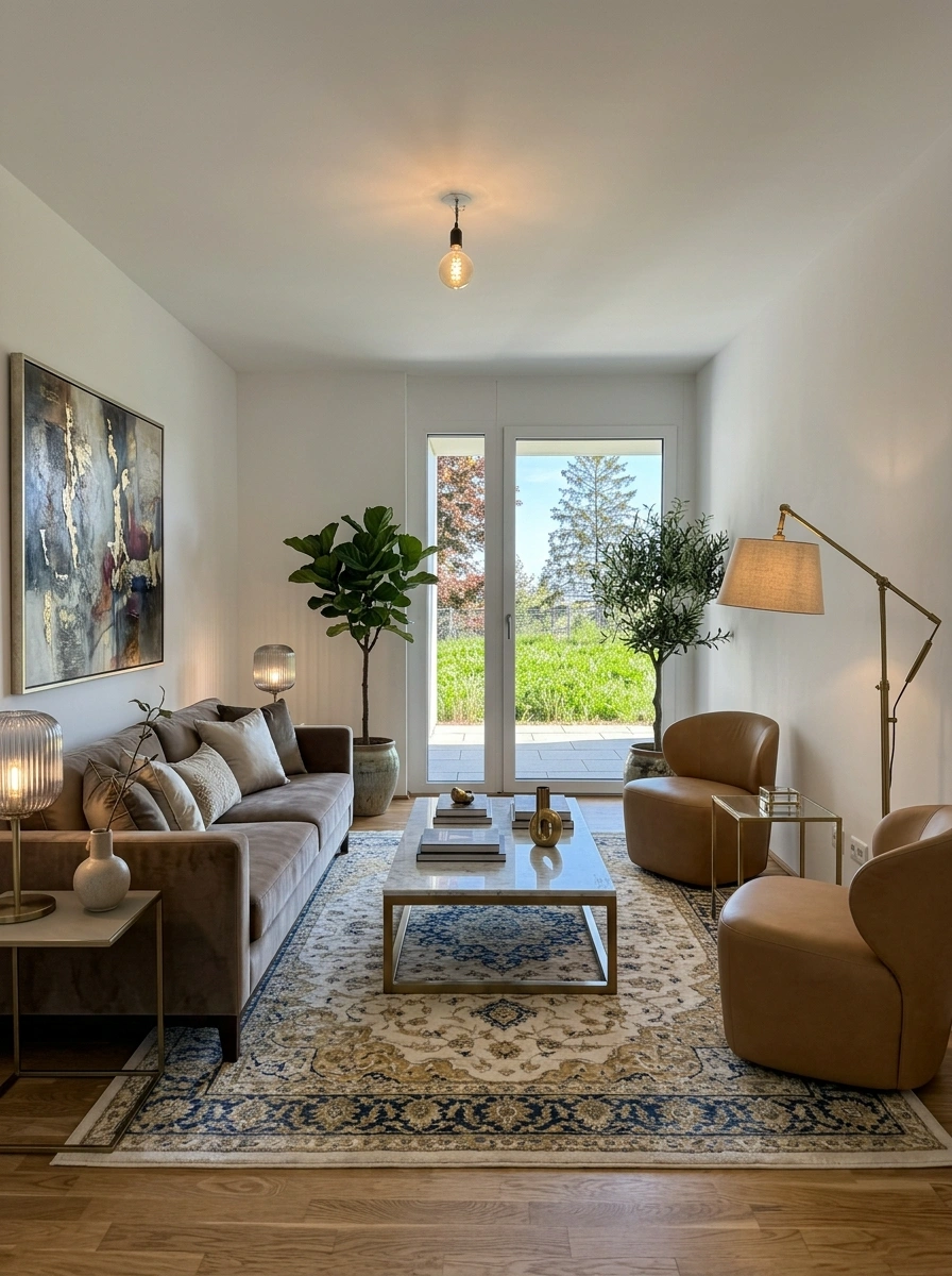 Luxuriously furnished modern living room after AI virtual staging